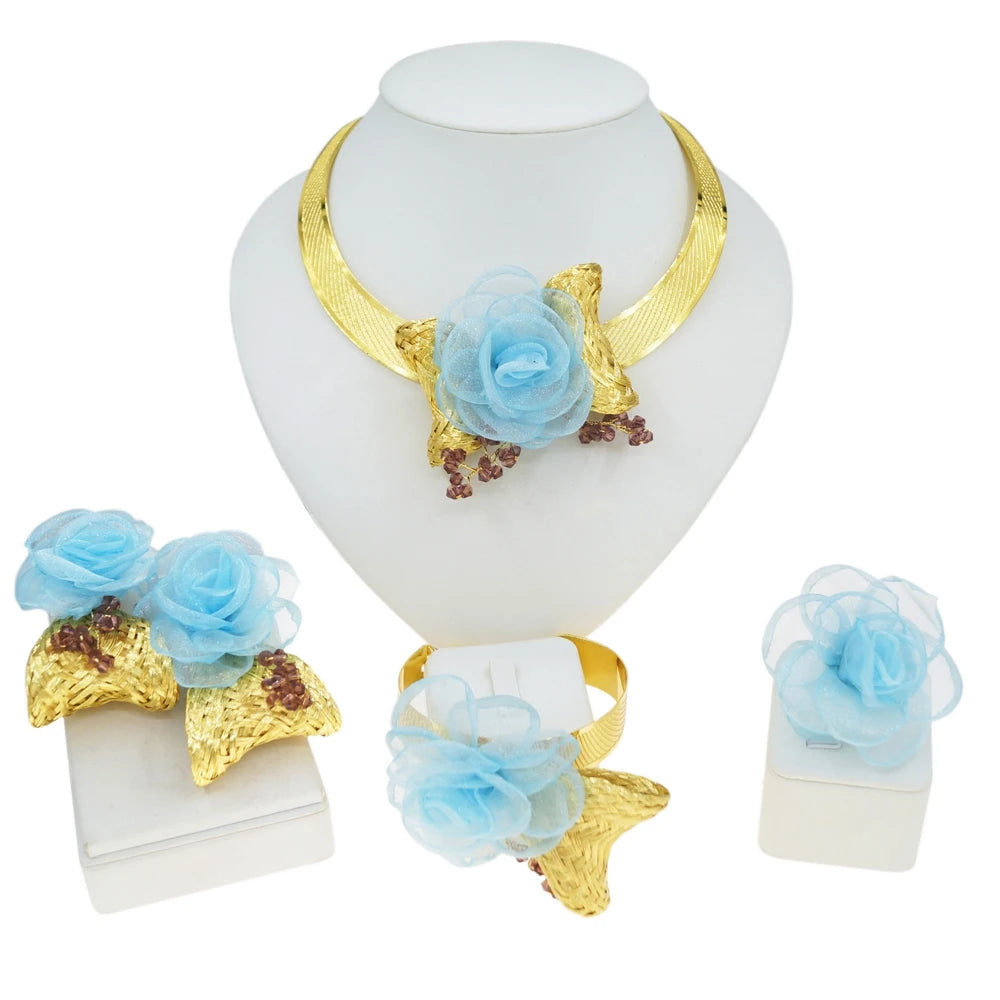 Zhuerrui Gold Plated Blue Grey Fabric Rose Flower Jewelry Set for Women African Dubai Wedding Bridal Choker 4Pcs Jewelry MY156