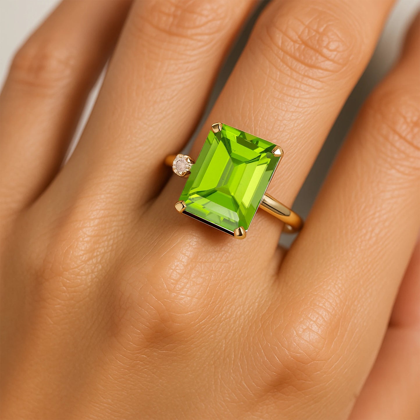 14k Yellow Solid Gold Natural Peridot & Solitaire Round Cut Diamond Engagement Ring Gift for Fiance Champagne Gold Jewelry