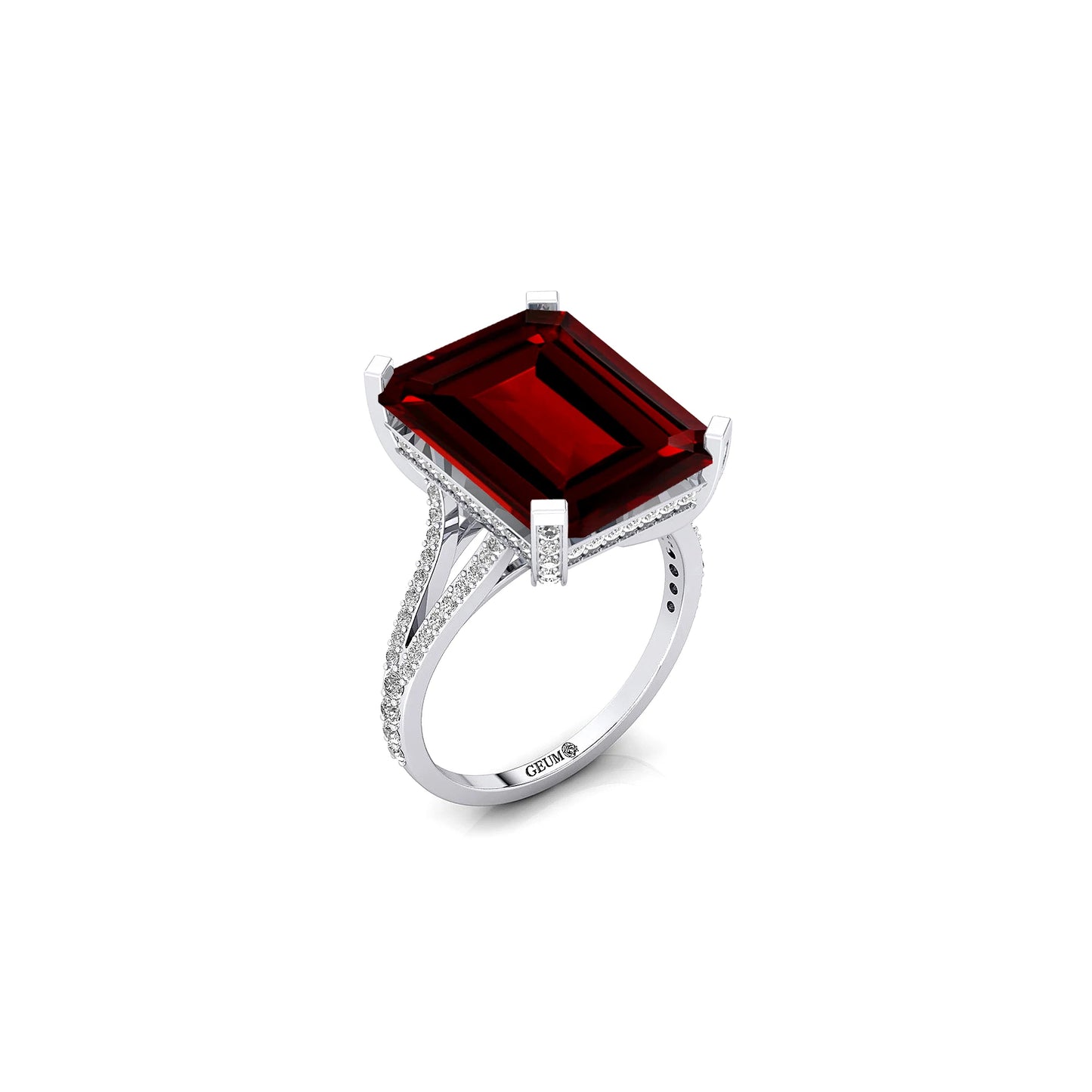 Natural Garnet Gemstone Emerald Cut Birthstone Solid Gold Wedding Ring IGI Certified Genuine Diamonds Rhodium Plated Luxury