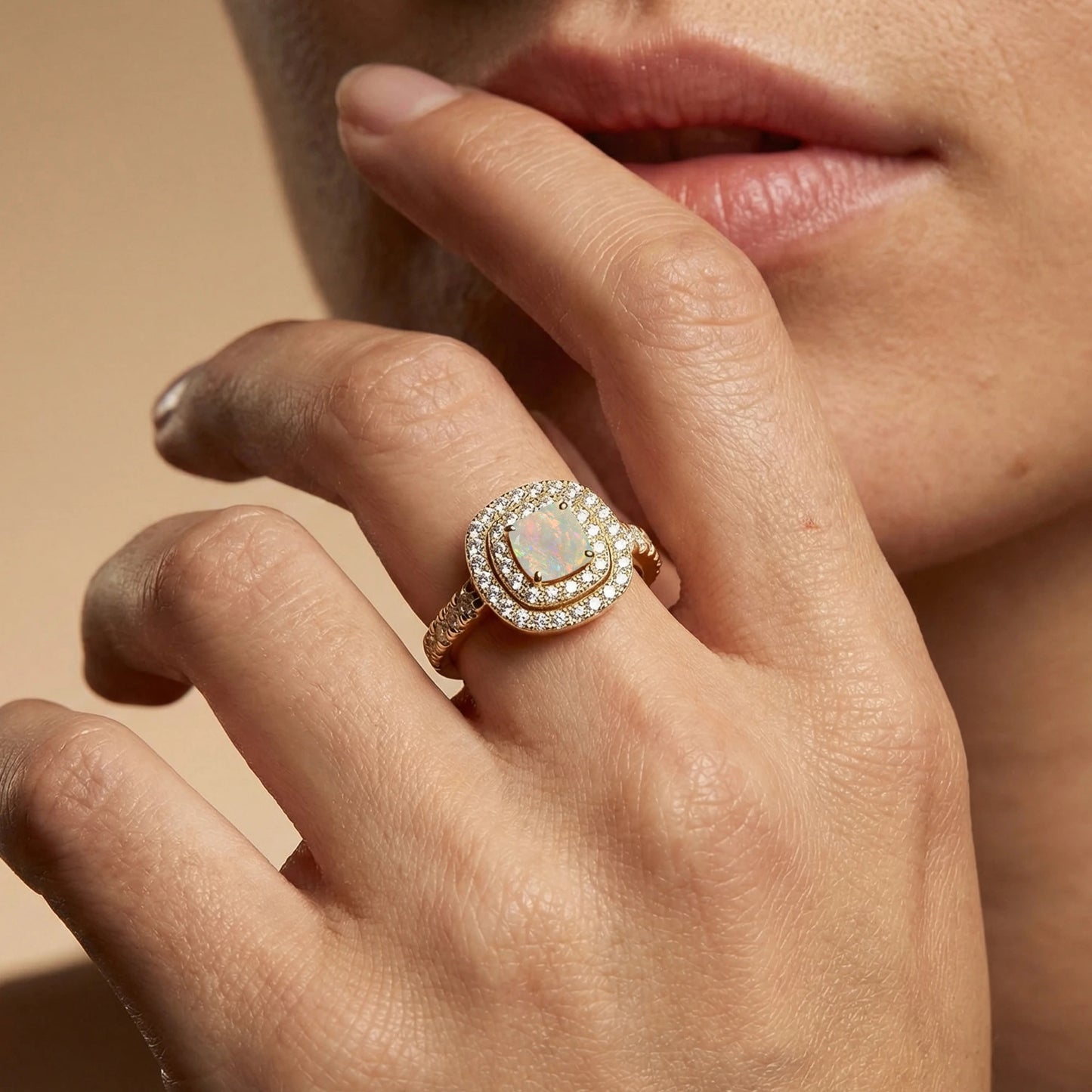 18kt Solid Gold Rings Natural Ethiopian Opal & Real White Diamonds Rhodium Plated Wedding Solitaire Halo Ring Fine Jewelry