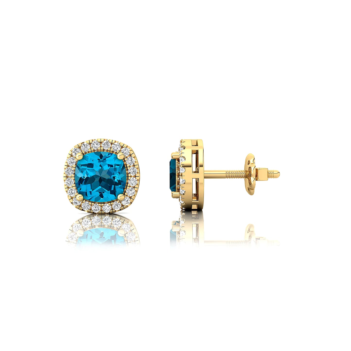 Swiss Blue Topaz Gemstone & Real Diamond Stud Earrings Cushion Cut Halo Design Rhodium Plated Solid Gold Stud Earrings For Women