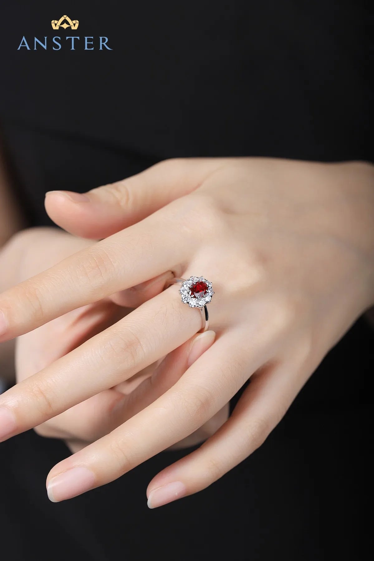 Gemfiori Anster Lab Created Ruby Oval Cut Women Ring S925 Sterling Silver Lab Made Diamonds and Ring