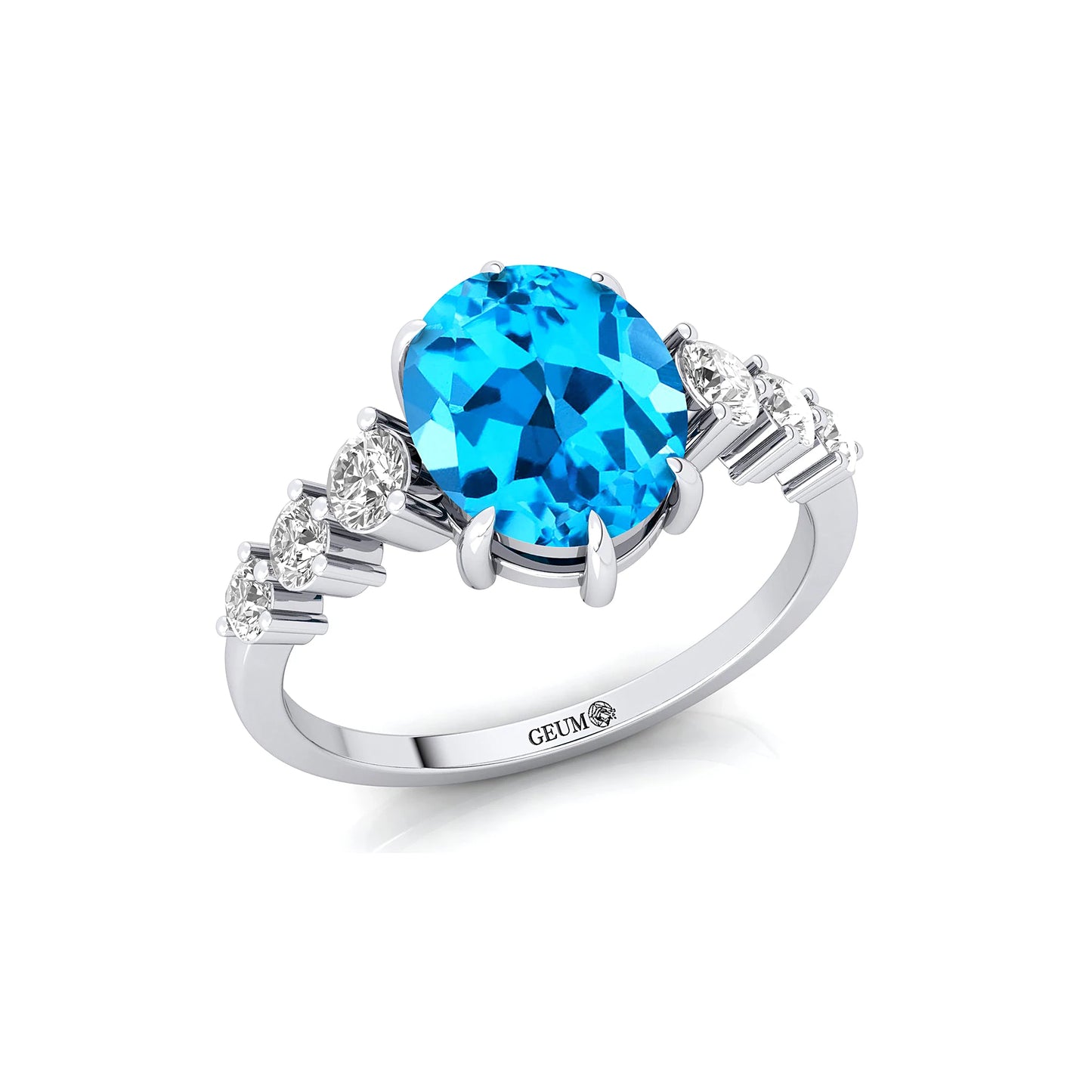 Charming 18K Pure Gold Wedding Engagement Rings Swiss Blue Topaz Gemstone Real Diamonds Classic Bridal Jewelry for Party