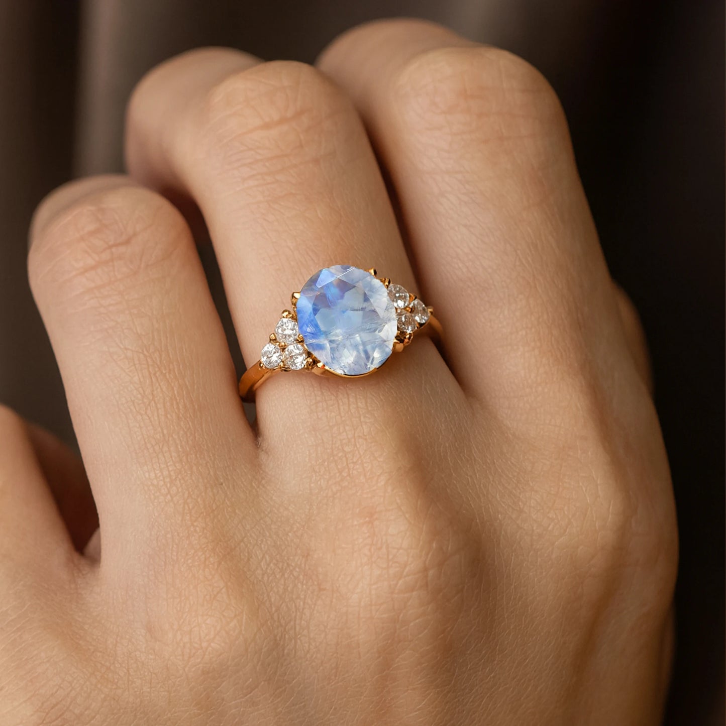 Exquisite Design Natural Rainbow Moonstone Real IGI Certified Diamond Cluster Rings Pure 18k Yellow/White/Rose Wedding Ring Gift