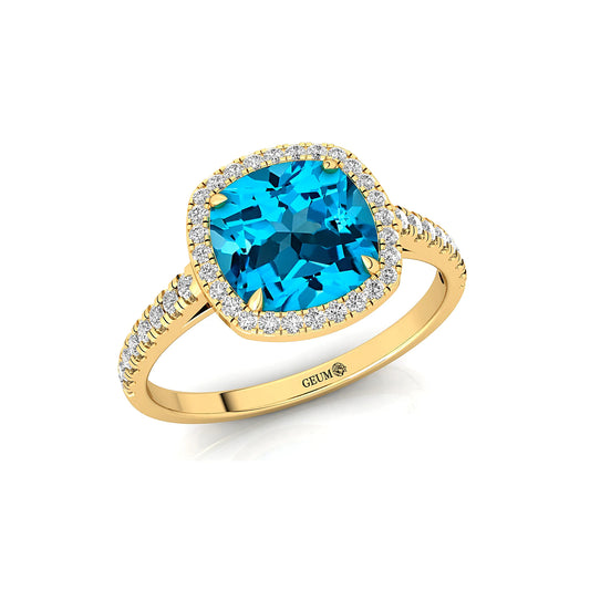 Personalized Classic 14k Solid Gold Halo Wedding Engagement Ring with for Swiss Blue Topaz & Natural Diamond Gift Her Bulk OEM