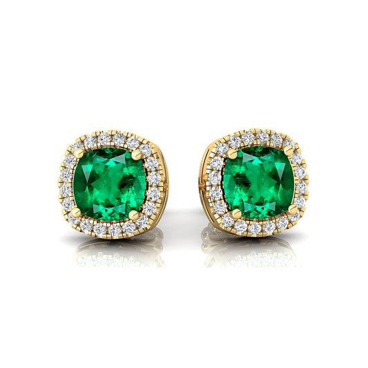 Elegant 18k Solid Gold Halo Studs Earrings Lab Emerald Gemstone & Real Certified Diamonds Fine Handmade Jewelry Gift For Her