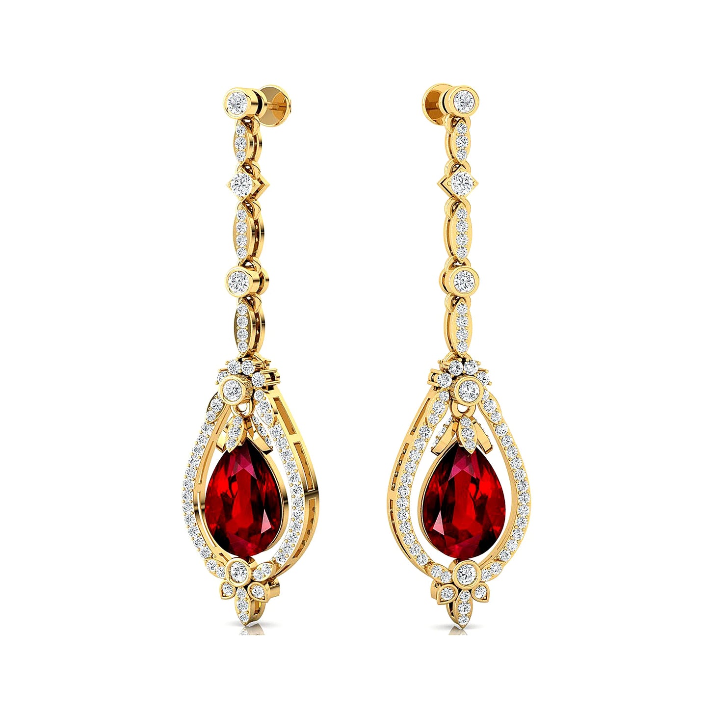 Flawless Design 18K Solid Gold Lab Ruby Gemstone Cute Engagement Wedding Party Gift Women Wear Diamond Dangle Drop Earrings Sets