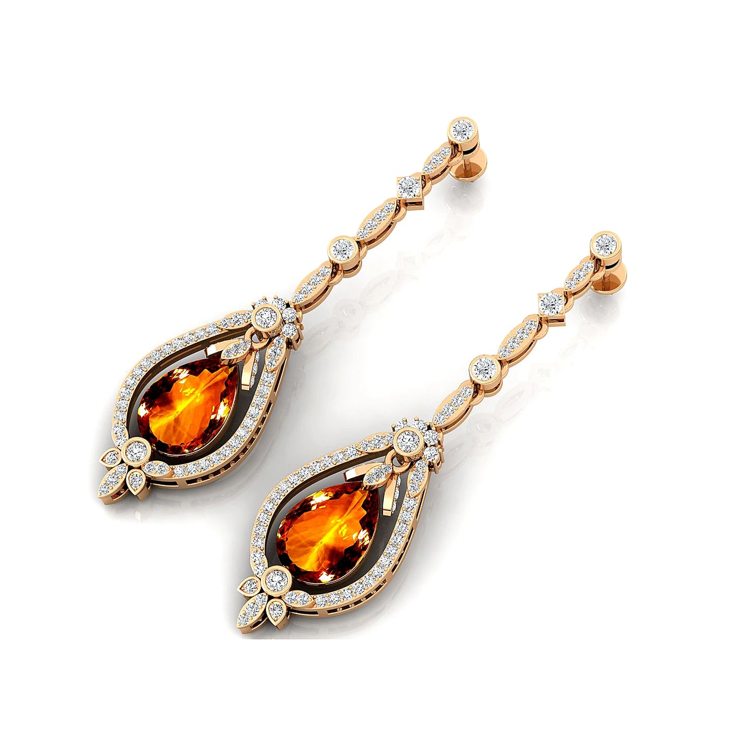 18k Gold Natural Citrine Gemstone Real Diamond Dangle Drop Earrings 14K Solid Gold Rhodium Plated Certified Cute Design Weddings