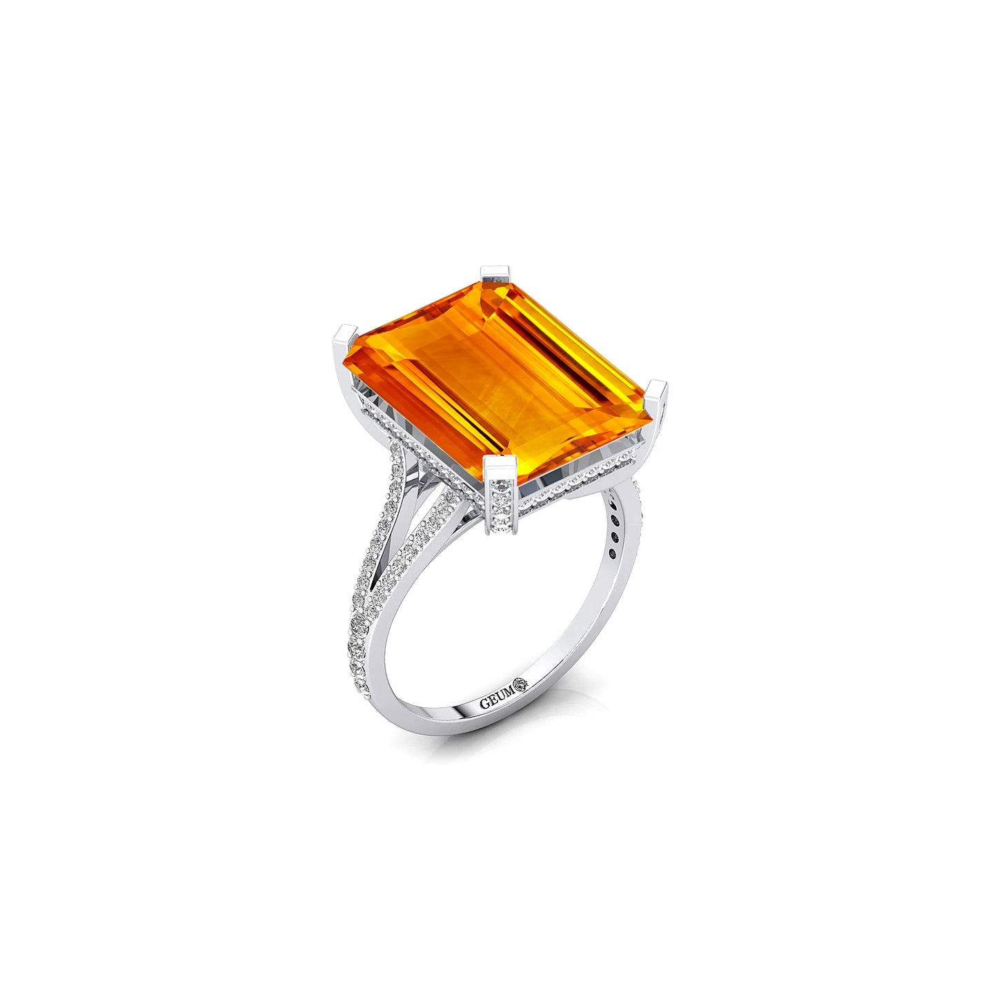 Emerald Cut 100% Natural Citrine Gemstone Cluster Rings 18K Gold IGI Certified 0.54 Carat Real Diamonds Rhodium Plated Prong