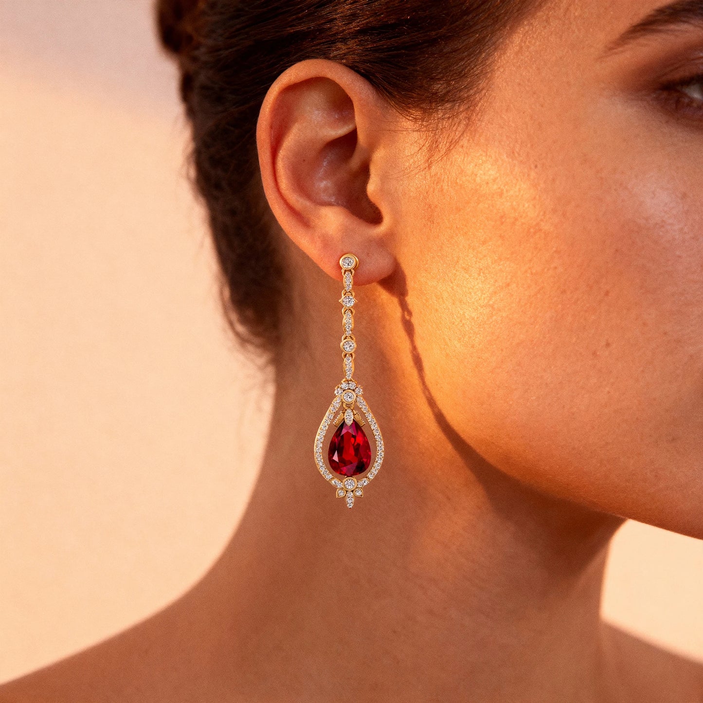 Flawless Design 18K Solid Gold Lab Ruby Gemstone Cute Engagement Wedding Party Gift Women Wear Diamond Dangle Drop Earrings Sets