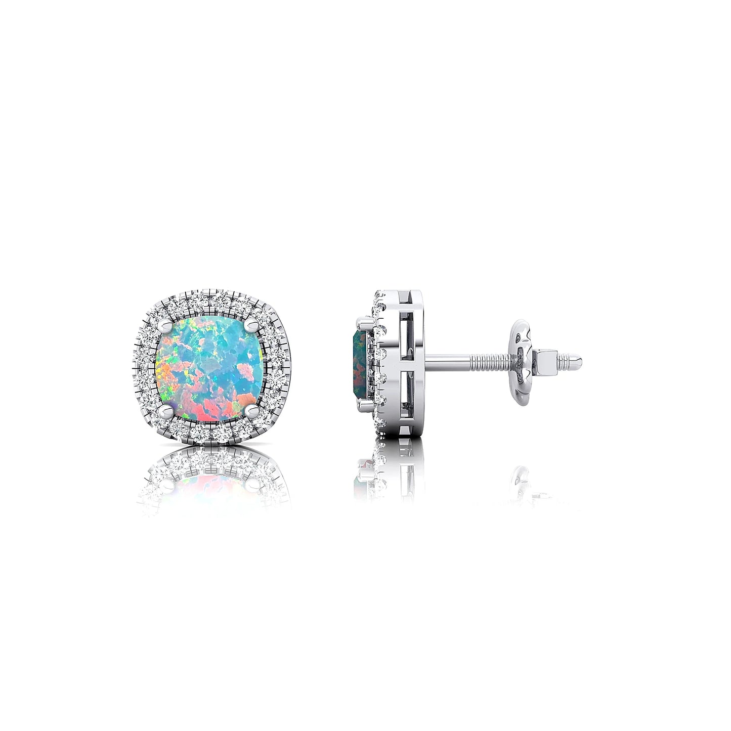 18k Solid Gold Natural Opal Gemstone & Real Diamonds Stud Earrings Beautiful Design Luxurious Birthstone Cute Halo Stud Earrings