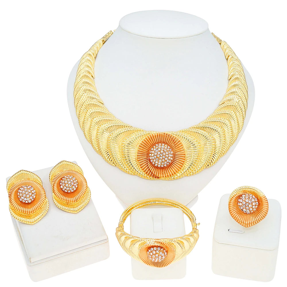 Zhuerrui Italian Gold Plated Jewelry Set Layered Fan Gradient Floral Crystal Necklace Earrings Bracelet Ring Women Party I00001