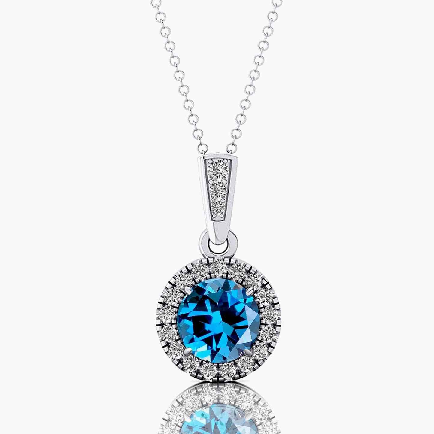 Exquisite Halo Style Natural London Blue Topaz Gemstone & Genuine Diamonds 14k White Gold Charm Pendant Necklace For Mother Gift