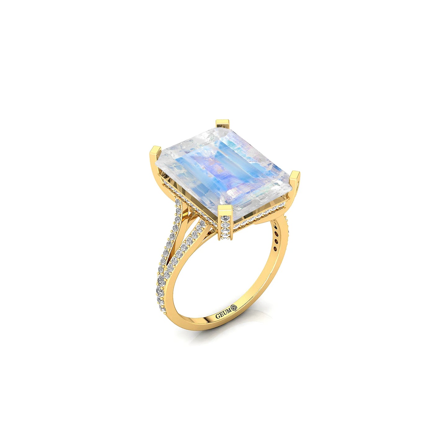IGI Certified Solid Gold Fine Jewelry Rings Emerald Cut Natural Rainbow Moonstone Gemstone 0.54ct Women Cluster Rings OEM Party