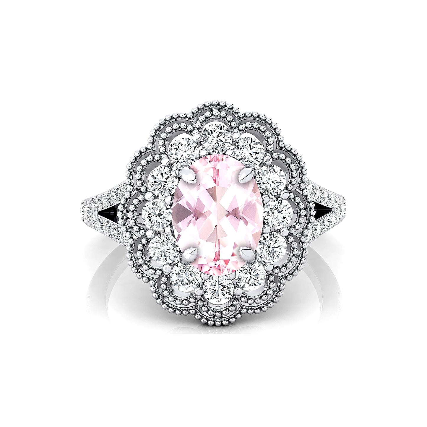 Oval Cut Natural Morganite Real Diamond Cluster Ring 18k Solid Gold Rhodium Plated Classic Fine Bridal Halo Solitaire Ring