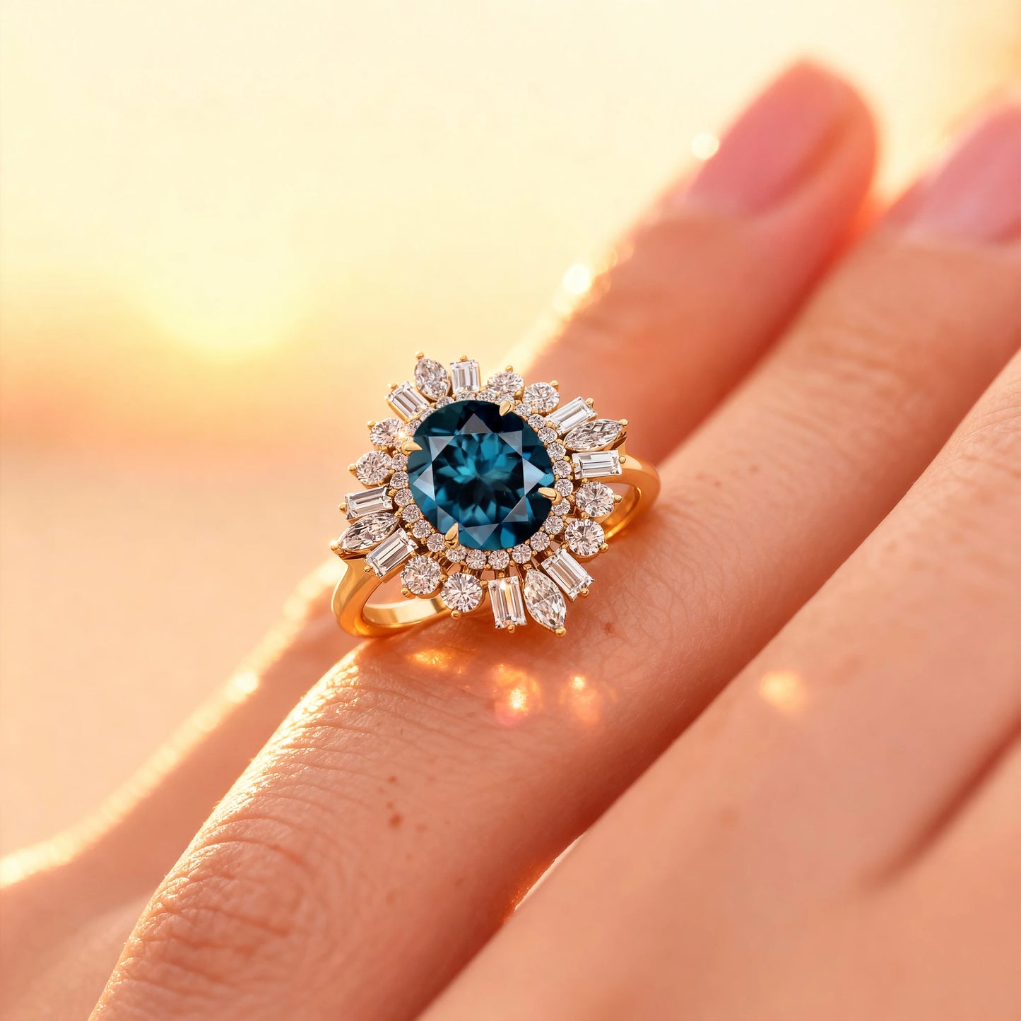 Solid Gold London Blue Topaz Gemstone Real White Diamonds Rhodium Plated Classic Party Gift for Women's Engagement Wedding