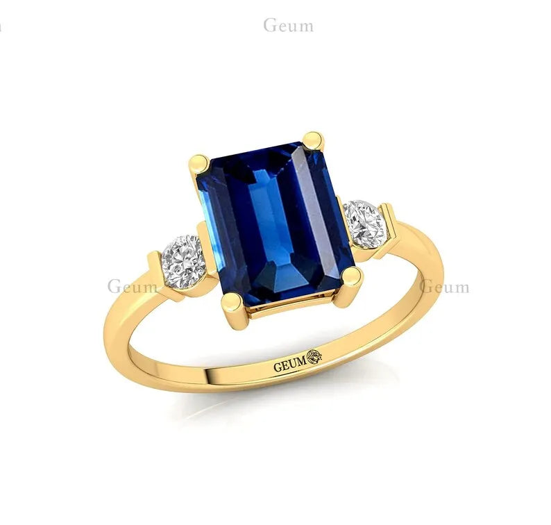 Natural Round Cut Lab Grown Blue Sapphire 2 Diamond 14k 18k Solid Gold Ring Wedding Engagement Party Rings OEM