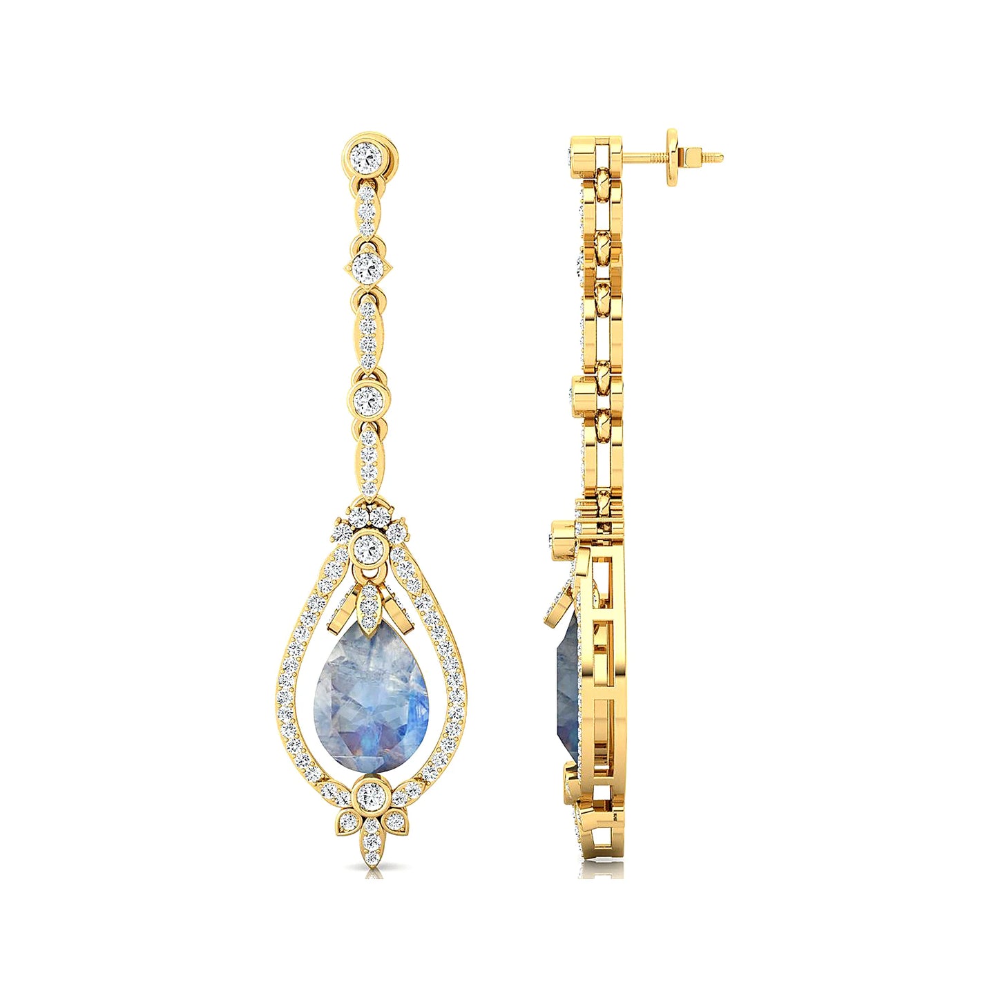 Natural Rainbow Moonstone Gemstone and Real Diamonds Dangle Drop Earrings Dainty 18K Solid Gold Rhodium Plated Wedding Party