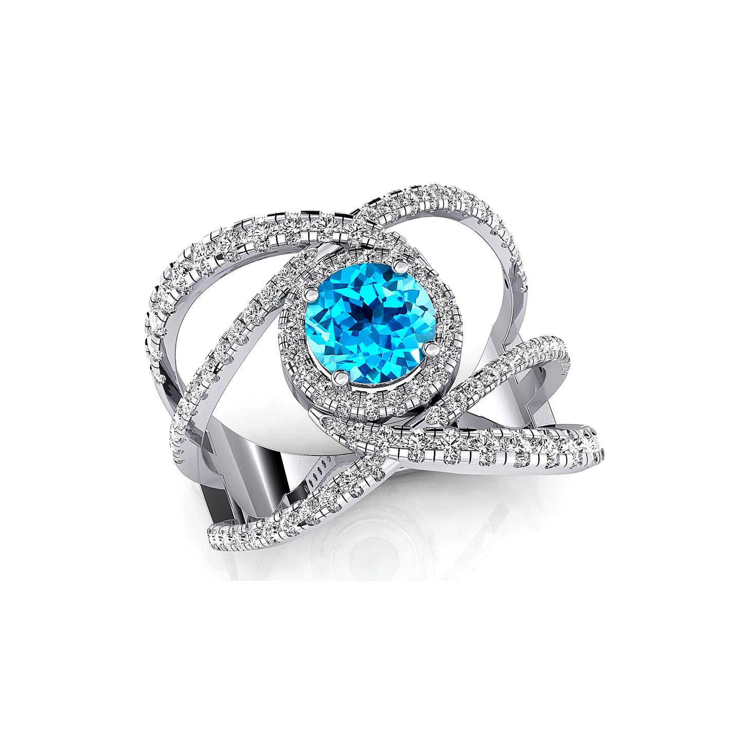 18k Solid Gold Rings Swiss Blue Topaz Gemstone Certified Diamonds Rhodium Plated Classic Party Gift Women's Engagement Halo Ring