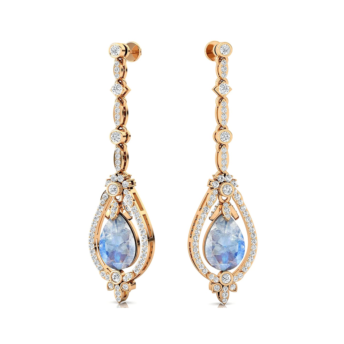 Natural Rainbow Moonstone Gemstone and Real Diamonds Dangle Drop Earrings Dainty 18K Solid Gold Rhodium Plated Wedding Party
