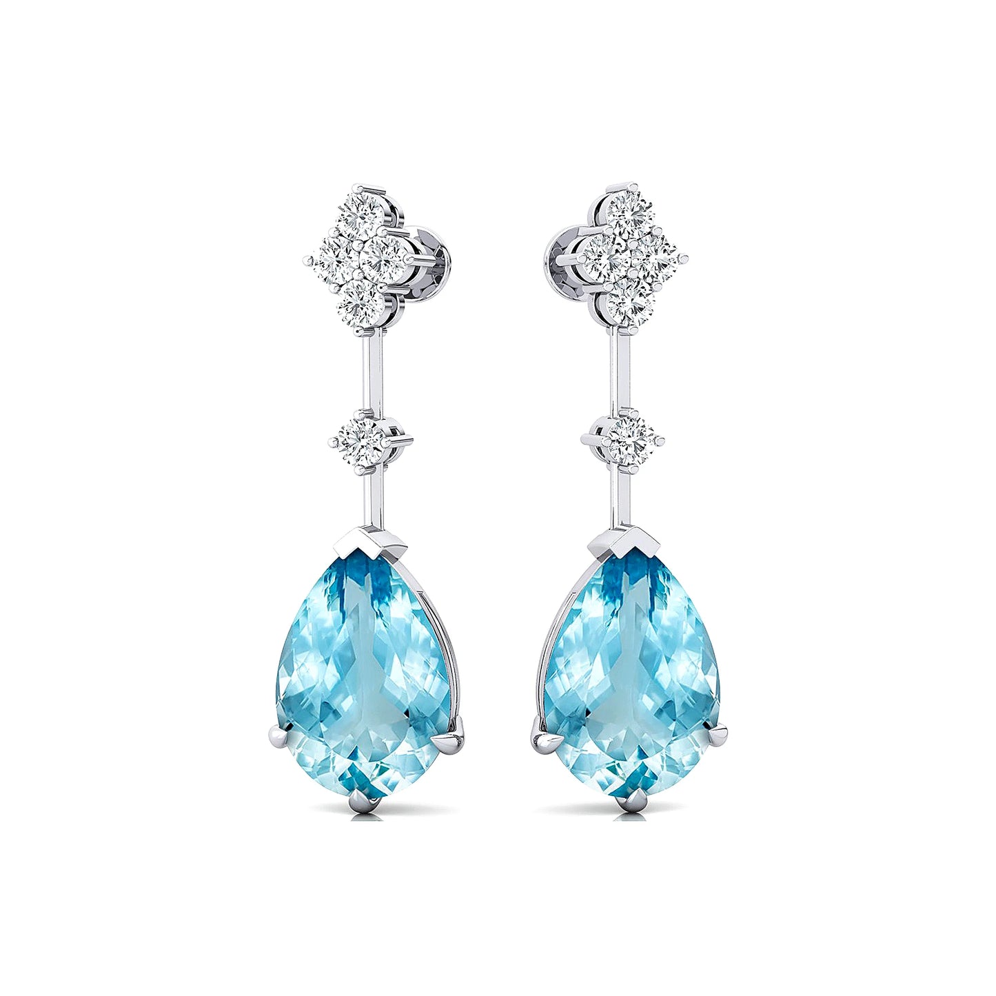 Pear Shaped Natural Aquamarine Gemstone With Real Diamonds Cute Designer Stud Earrings Solid 18k Gold Rhodium Plated Jewelry