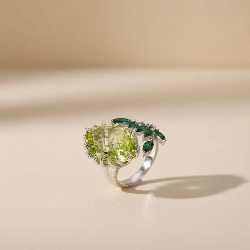 Flower Design 925 Sterling Silver Rings Jewelry with Green Zircon