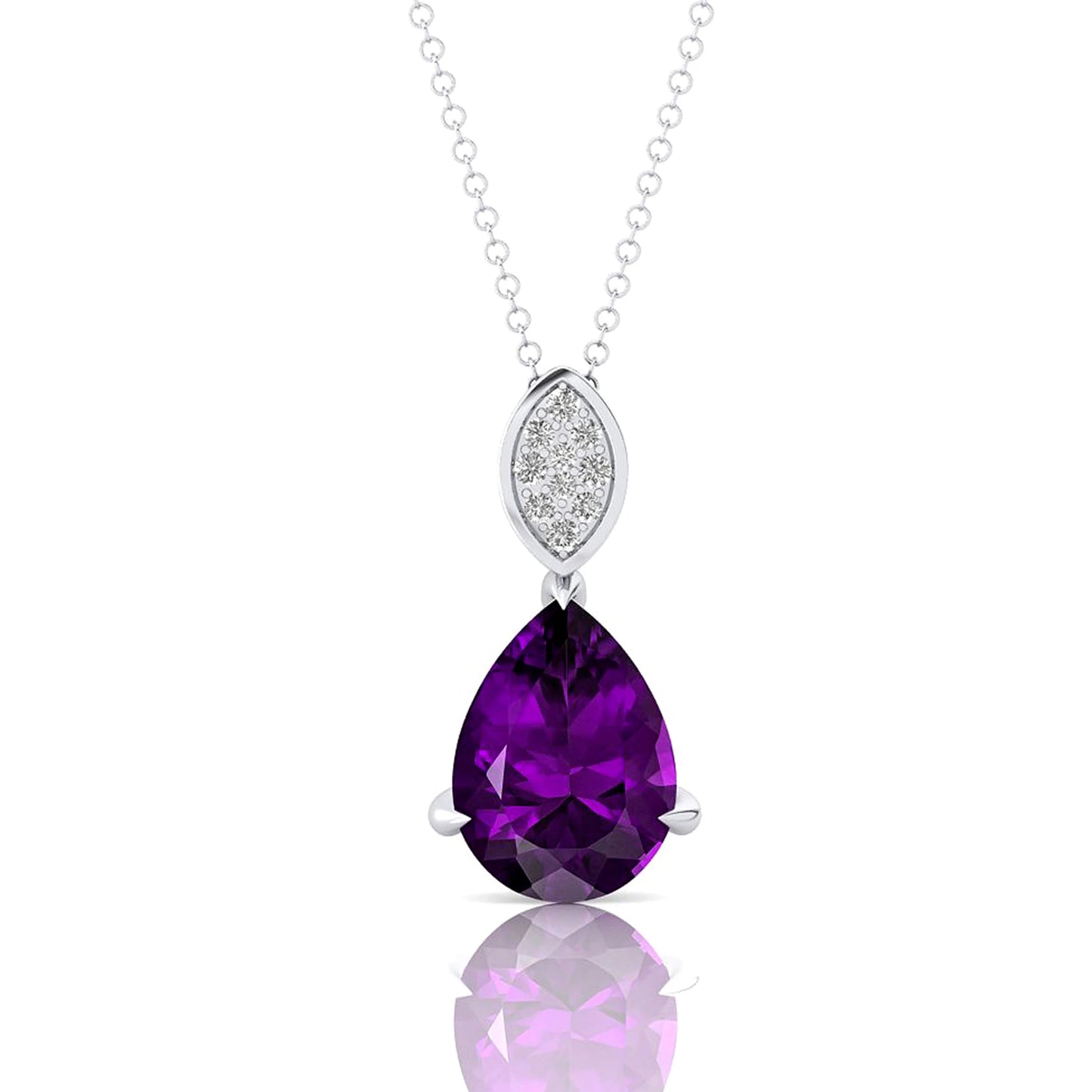 18kt Solid Gold Natural Amethyst Gemstone Real Diamond Teardrop Pendant Necklace Cute Rhodium Plated Luxurious Handmade Jewelry