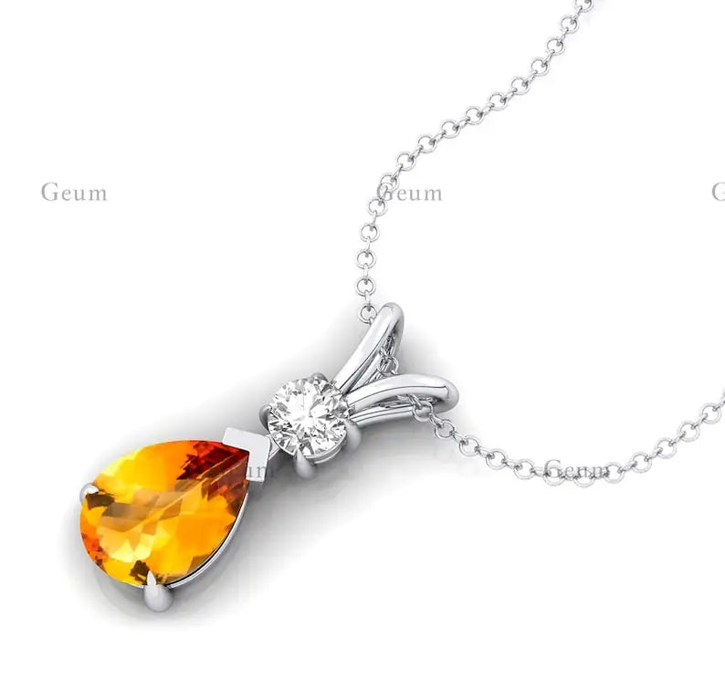 Pear Cut Citrine Gemstone Teardrop Pendant 14k 18k Gold Pendant With Natural Diamond Pendant Charms Solitaire Pendant Necklace
