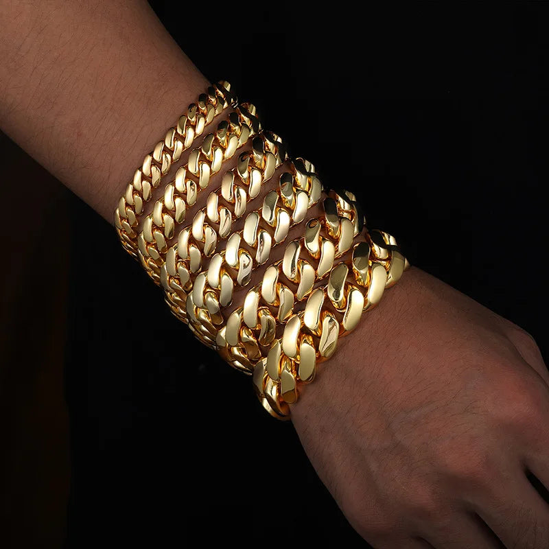 Men's 10mm-22mm Gold Plated Miami Cuban Link Chain Heavy Solid Choker Bracelet Non Tarnish Hip Hop Jewelry for Men