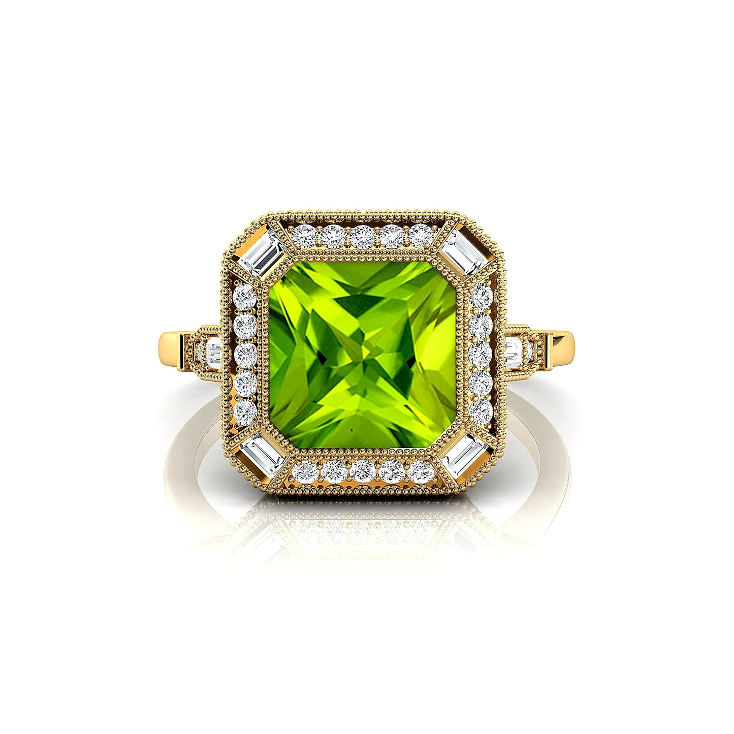 Natural Peridot Gemstone Halo Solitaire Rings 18k Solid Gold Natural White Diamonds Rhodium Plated Halo Solitaire Ring For Her