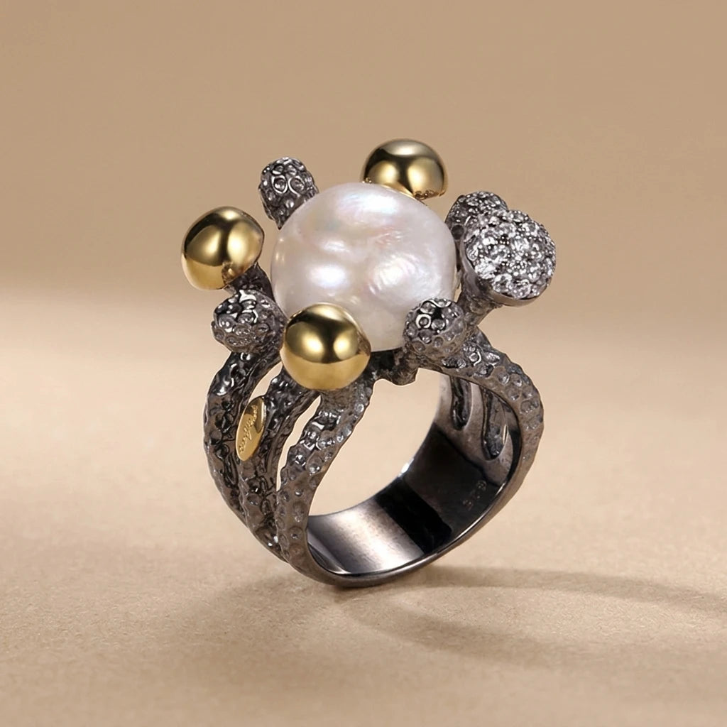 Italian Freshwater Button Pearl 925 Sterling Silver Ring for Women