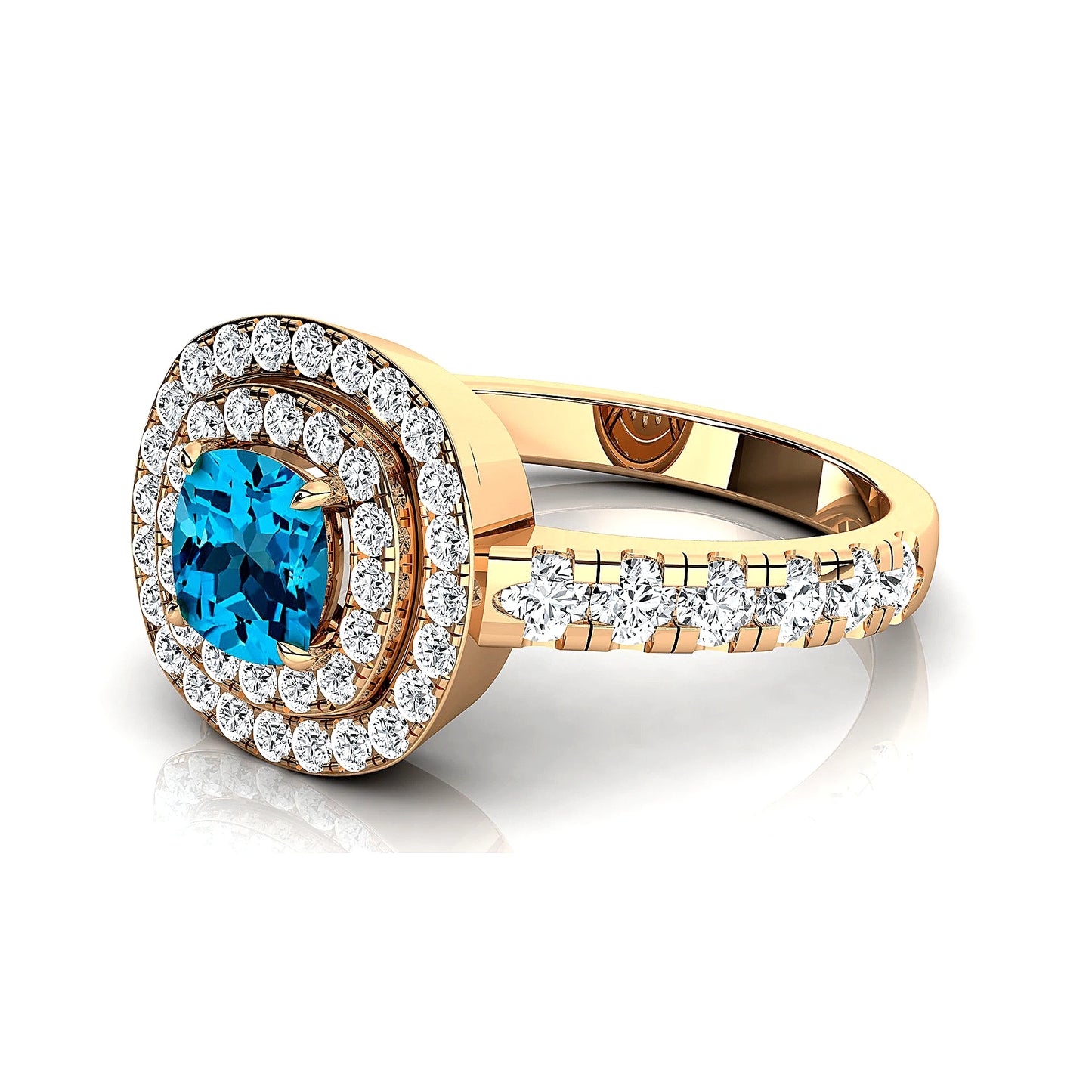 14k Solid Gold Rings Cushion Cut Natural Swiss Blue Topaz Gemstone Real Diamonds Rhodium Plated Classic Luxurious Halo Ring