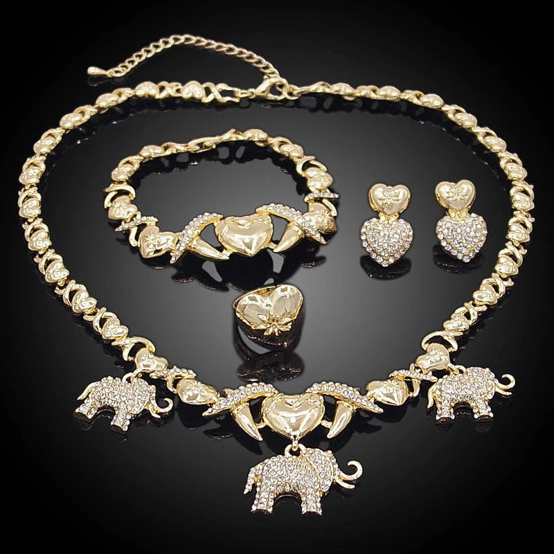 Zhuerrui Luxury African Brazilian Gold Wedding Party Xoxo Jewelry Sets Crystal Elephant I Love You Hug and Kiss Jewelry SetX0073
