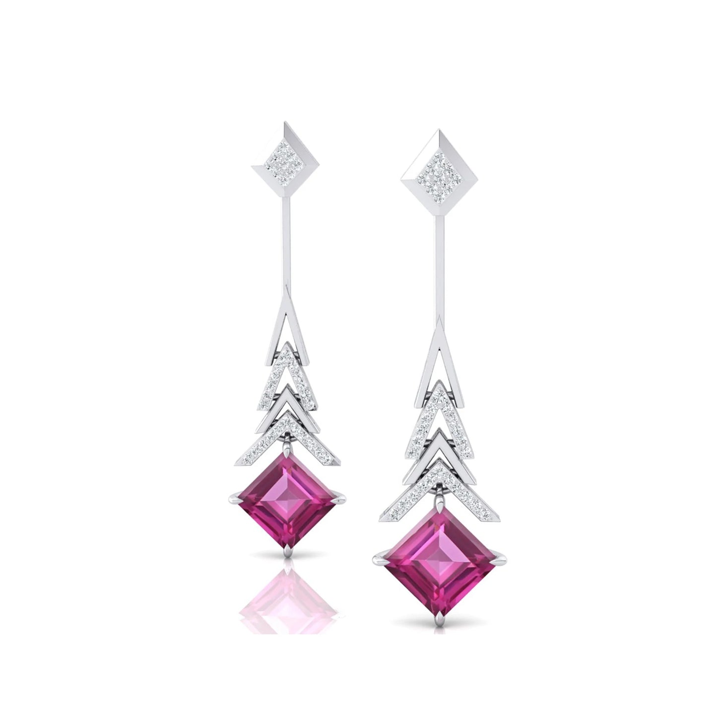 Handmade Solid Gold Cute Rhodium Plated Drop Earrings Lab Grown Pink Sapphire Gemstone Diamonds Wedding Party Gift Jewelry Women