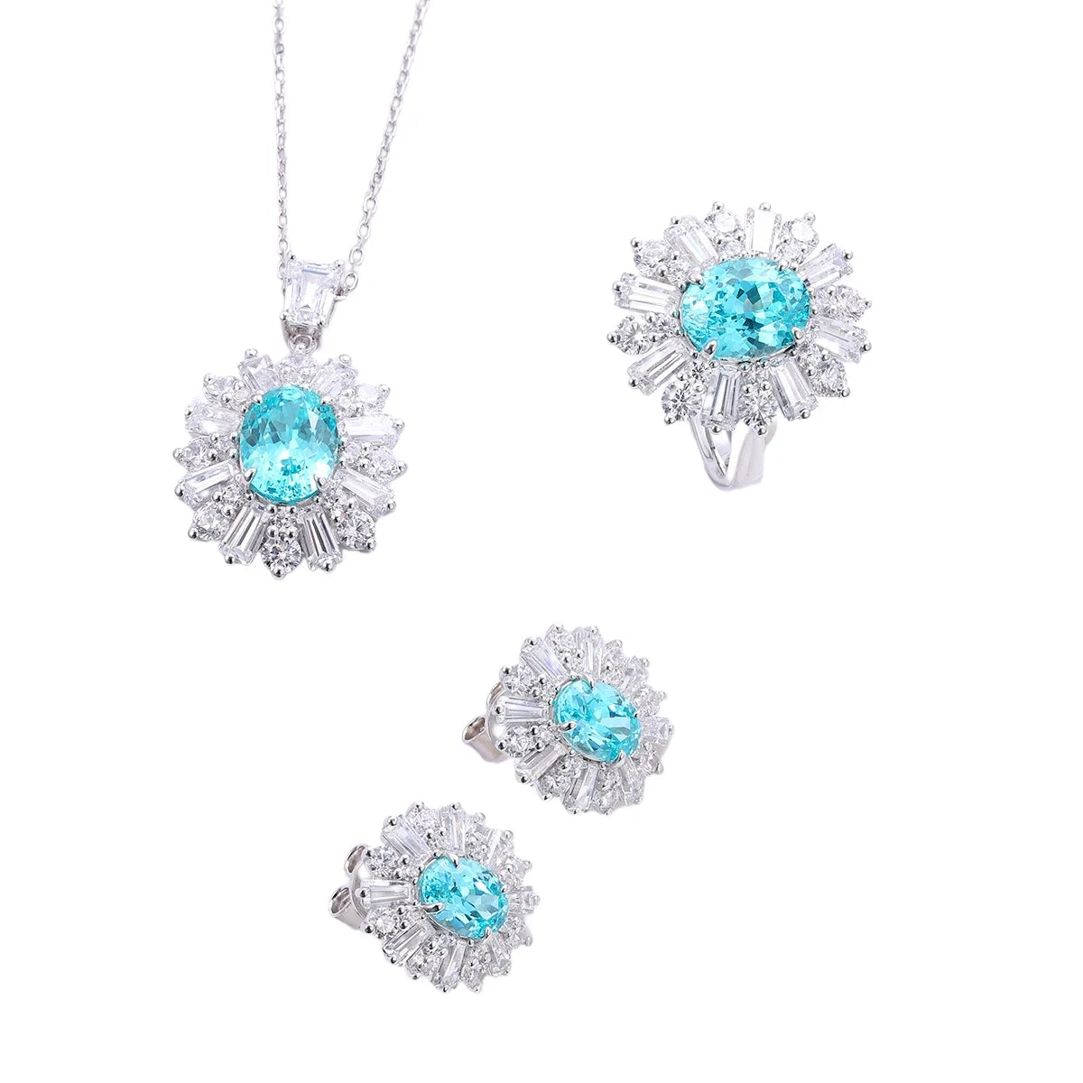 Gemfiori Zhanhao Jewelry Paraiba Jewelry Set Paraiba Lab Grown 925 Silver Ring Necklace Earring Oval Cut Eye Clean Gift Custom