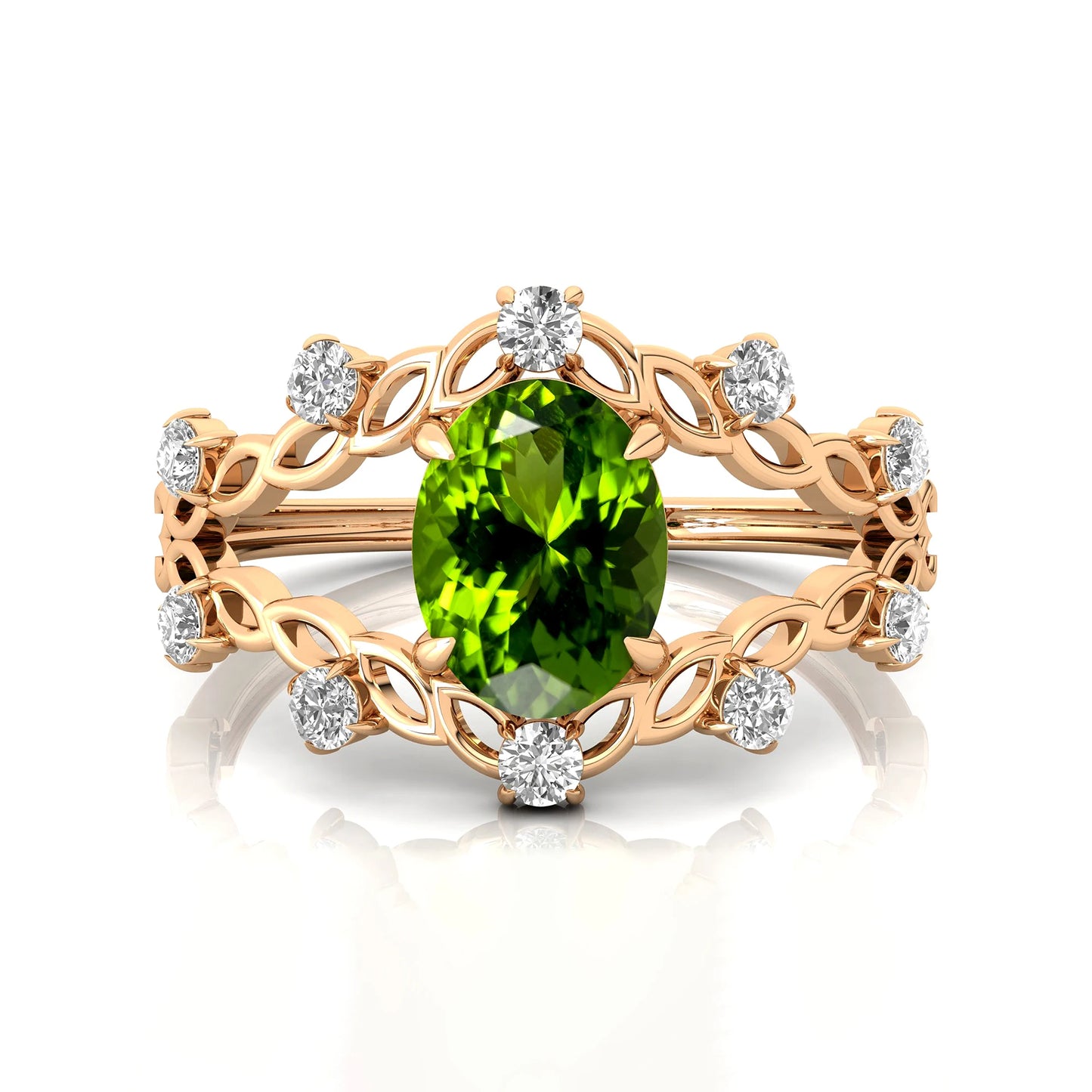 14k Yellow Solid Real Gold Oval Cut 1.35 Green Natural Peridot Gemstone Rings With Natural Diamonds Luxurious Anniversary Rings