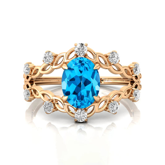 14Kt Solid Gold Classic for Swiss Blue Topaz Gemstone Rings Real Diamonds Women's Engagement Wedding OEM Jewelry Valentine's Day