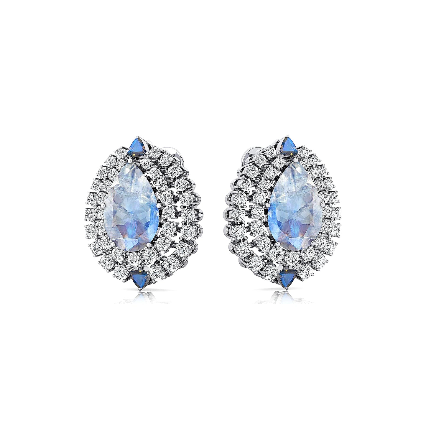 Luxurious Fashionable Cute 18k Solid Halo Stud Earrings Natural Rainbow Moonstone Real Diamonds Gift 14k Solid Gold Jewelry