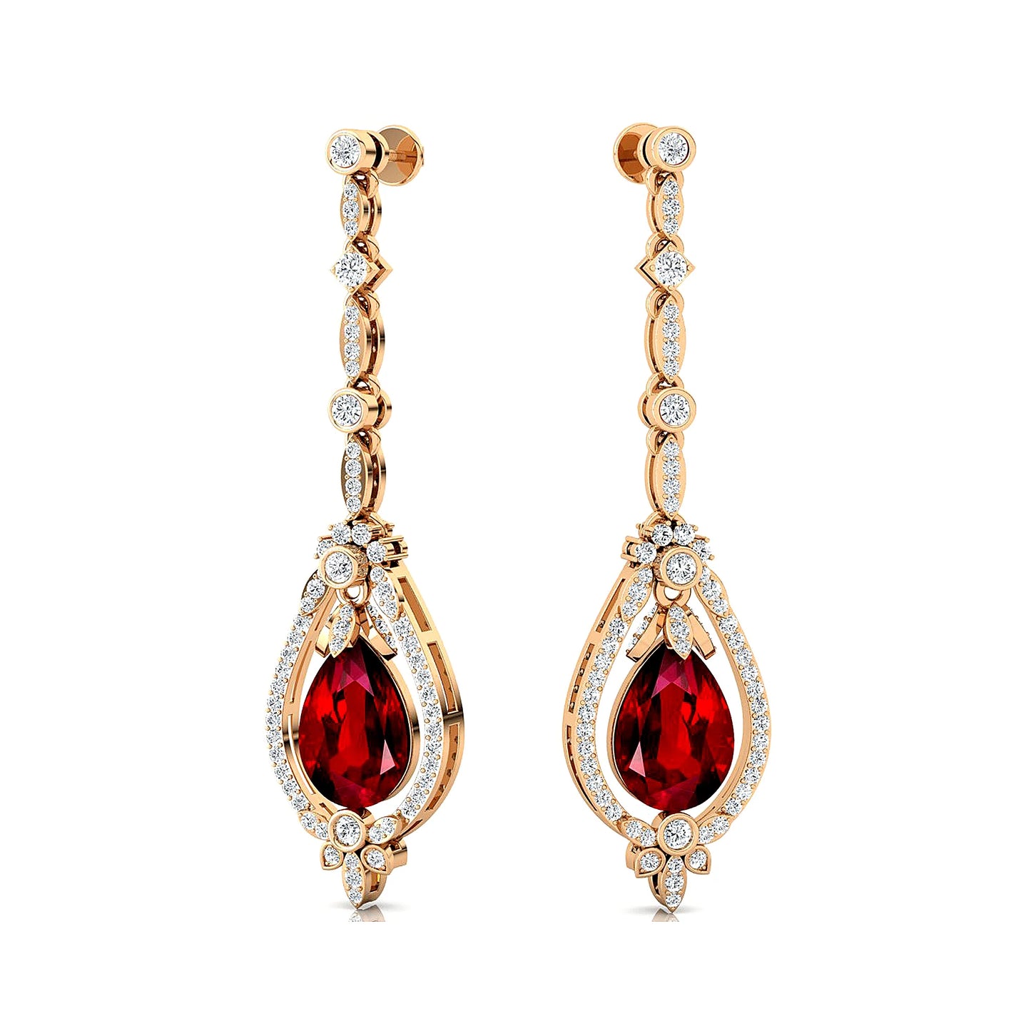 Flawless Design 18K Solid Gold Lab Ruby Gemstone Cute Engagement Wedding Party Gift Women Wear Diamond Dangle Drop Earrings Sets