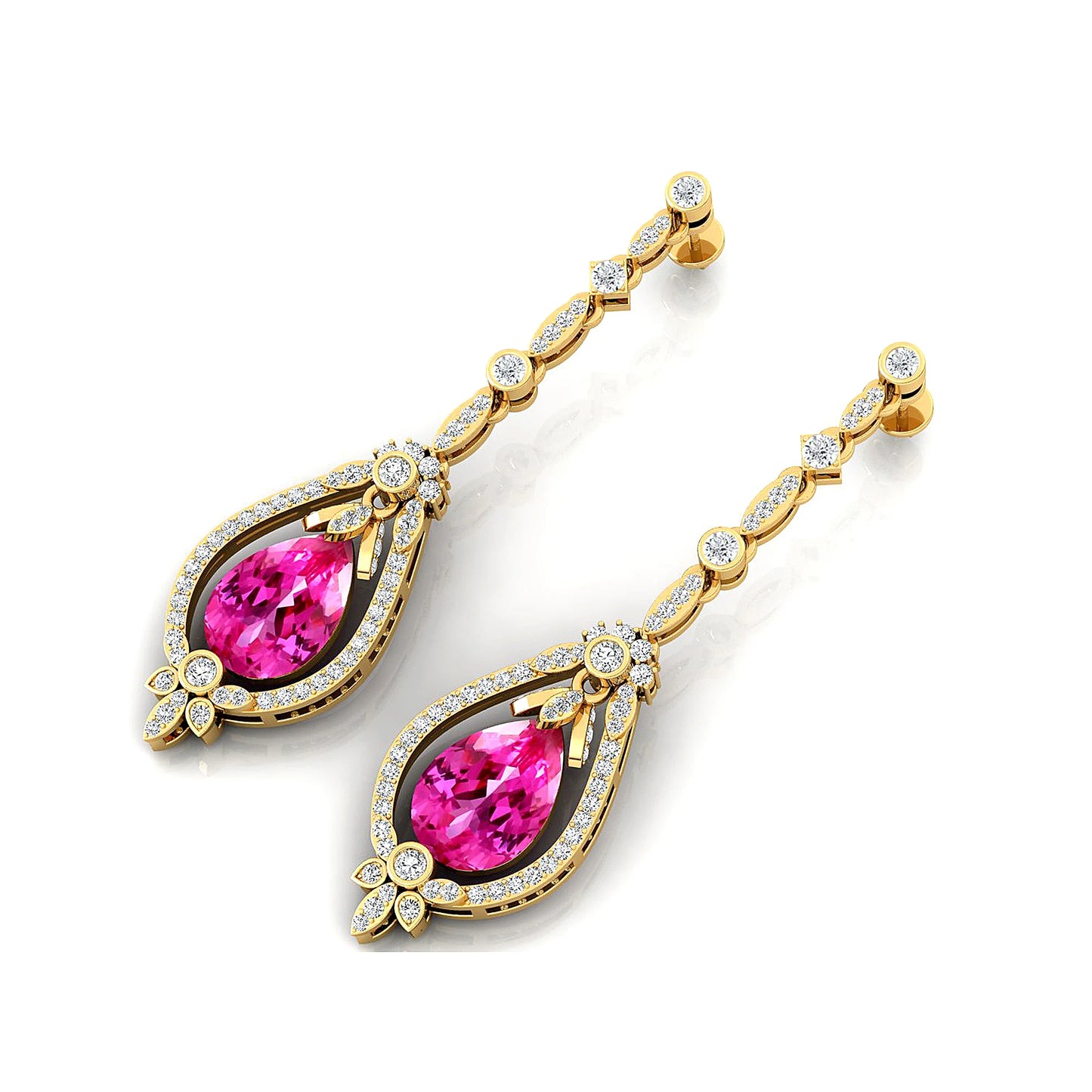 Solid Gold Luxurious Design Pear Cut Lab Grown Pink Sapphire Gemstone Cute Wedding OEM Birthstone Dangle Drop Earring