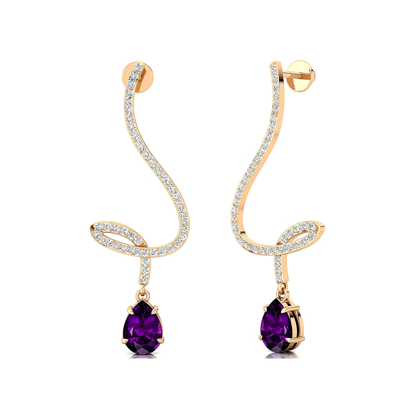 18k Solid Gold Natural Amethyst Gemstone Dangle Drop Earrings with Real White Natural Diamonds Fine Birthstone Wedding Gift