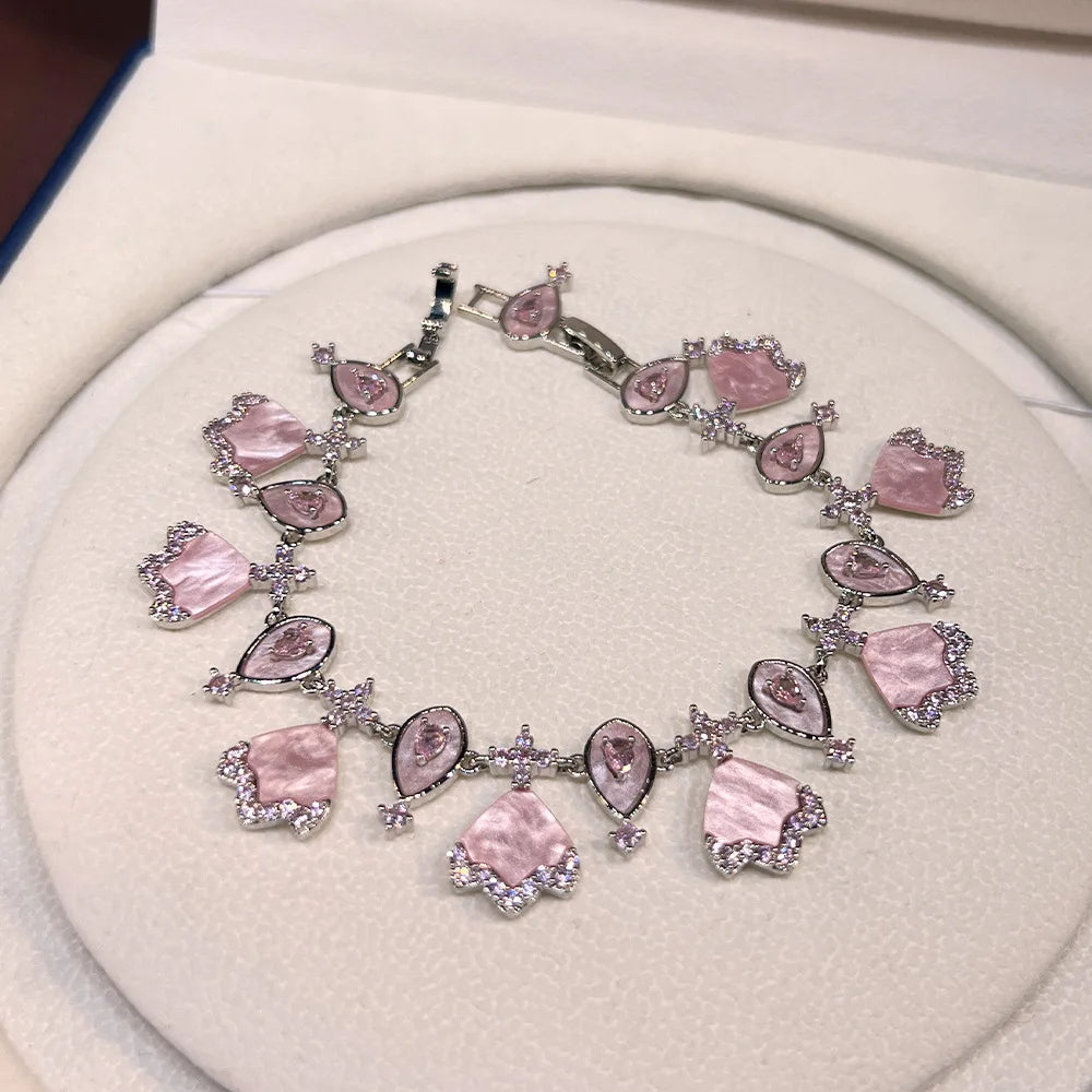 Luxury Brand Design Wedding Jewelry Set White Blue Pink Zirconia Full Paved Necklace Earring Bracelet Sets