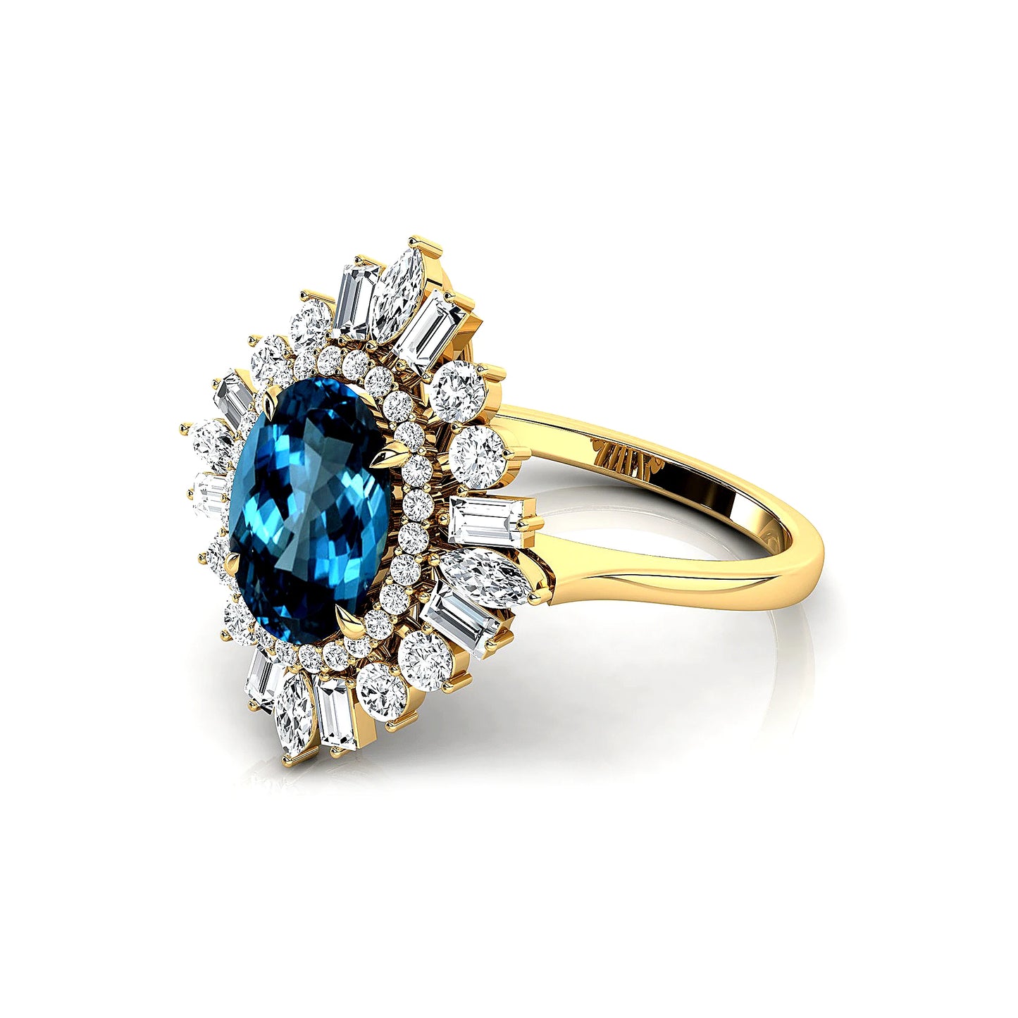 Solid Gold London Blue Topaz Gemstone Real White Diamonds Rhodium Plated Classic Party Gift for Women's Engagement Wedding