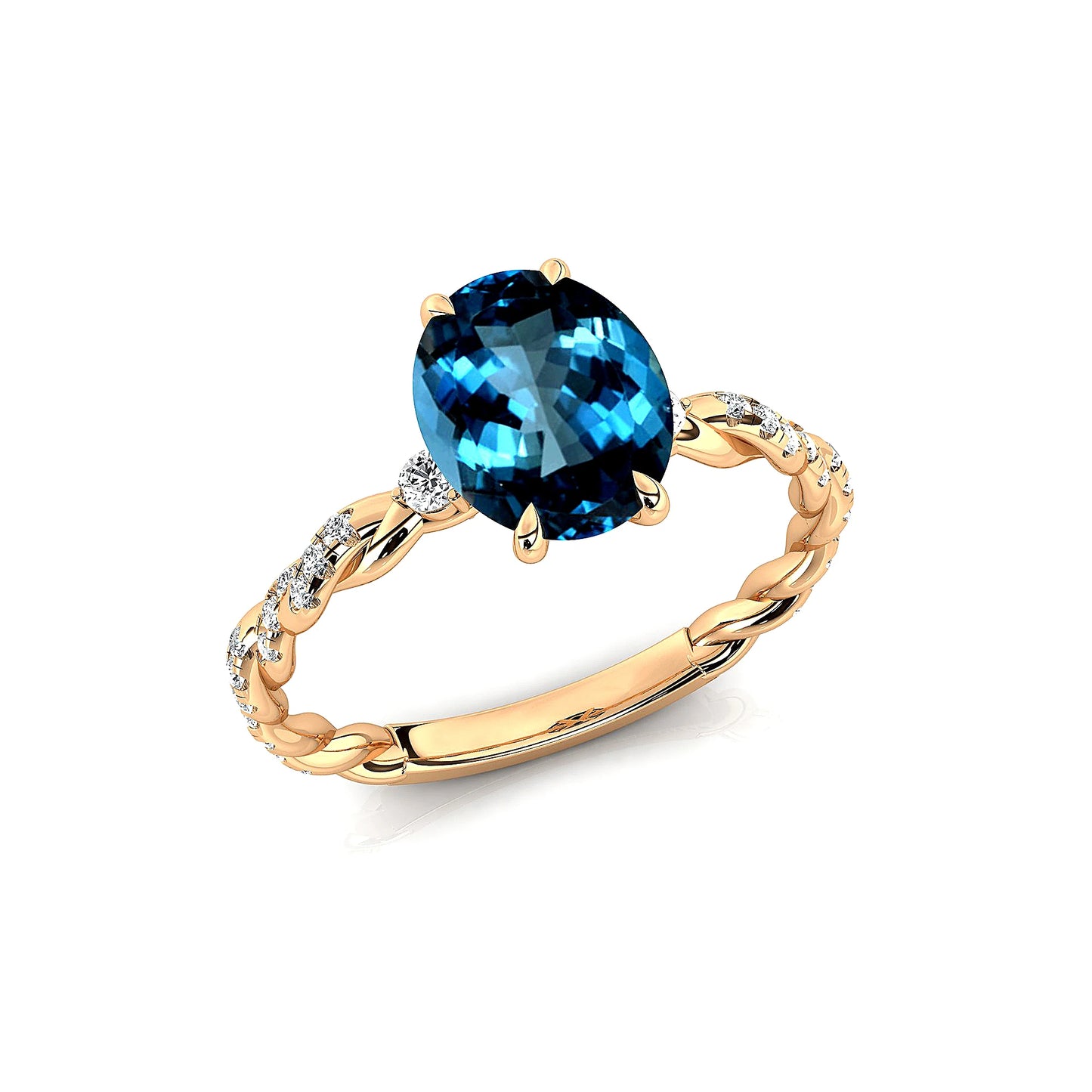 18k Solid Gold Adorned Oval Cut Natural London Blue Topaz Gemstone Real White Diamonds Cluster Wedding Classic Rings OEM ODM