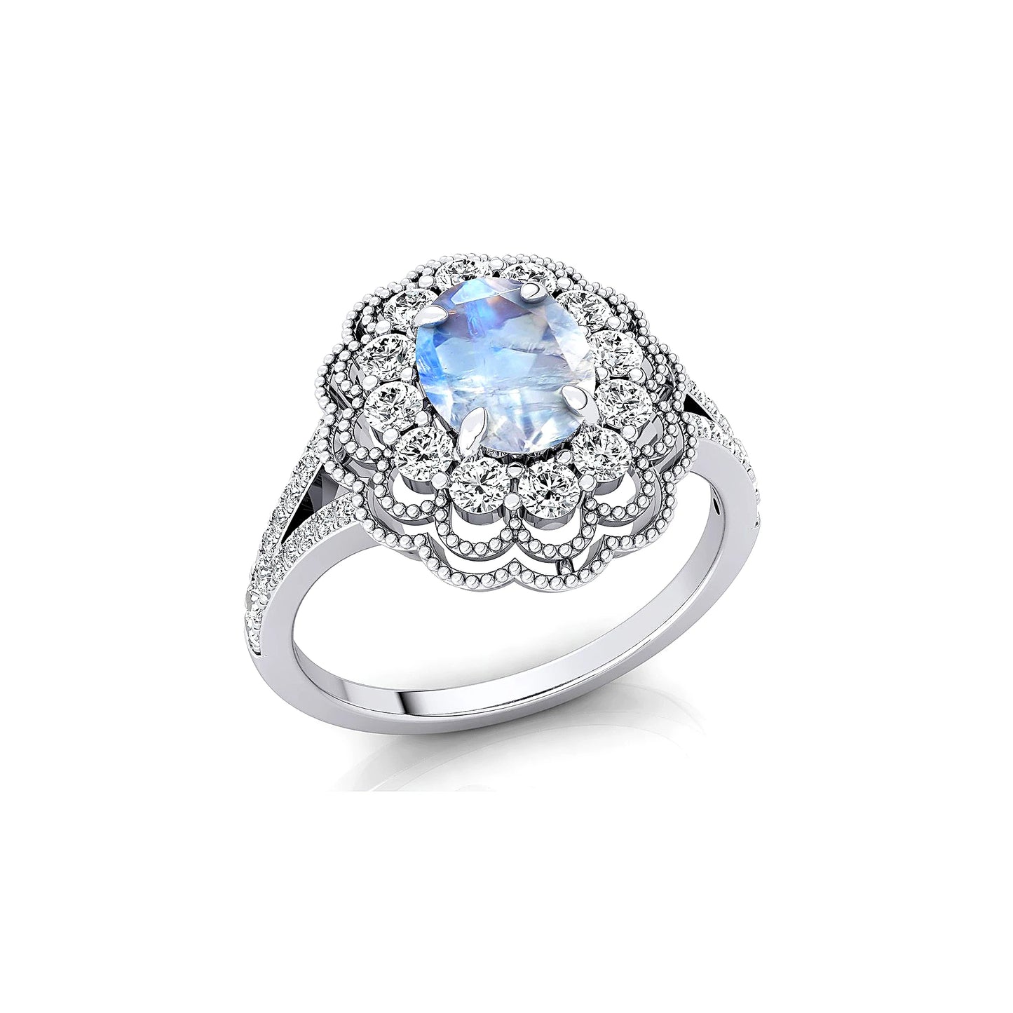 18kt Solid Gold Rhodium Plated Prong Set Certified Fine Jewelry Rings Natural Rainbow Moonstone Real Diamond Luxurious OEM Rings