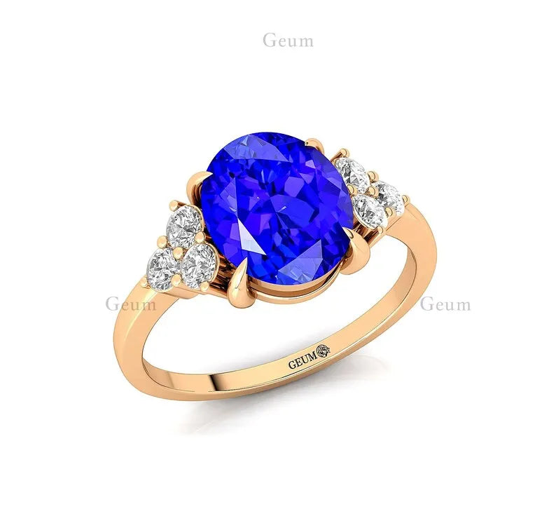 New Arrival Classic Minimalist Oval Shaped Natural Tanzanite Gemstone Real Diamond Halo Solitaire Wedding Rings 14k Solid Gold