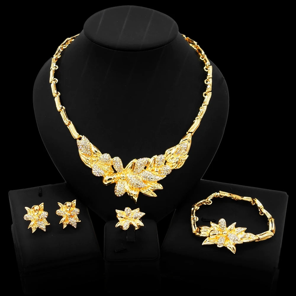 Zhuerrui New Brazil Women Gold-Plated Hug Flowers Jewelry Set Necklace Bracelet Earrings Ring Wholesale Zircon Jewelry SetsX0114