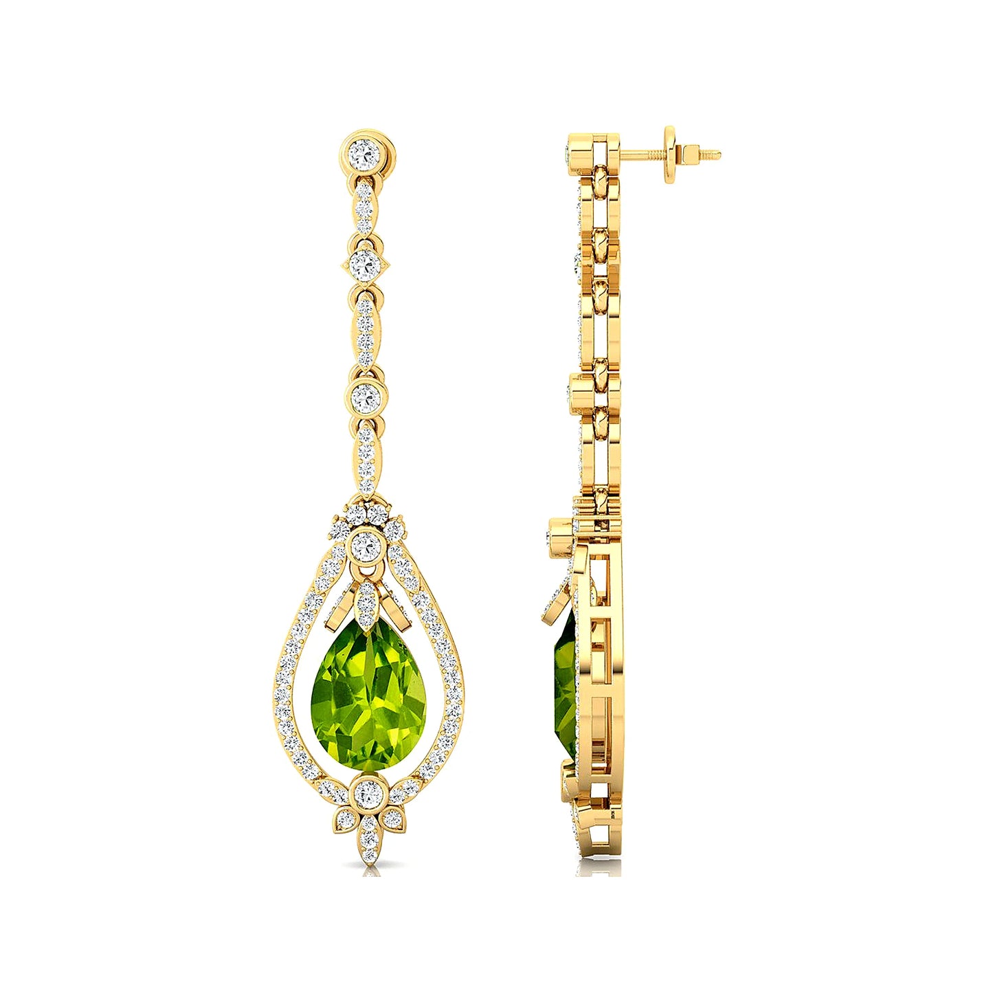 Solid Gold 18Kt Natural Peridot Gemstone Real Diamond Trendy Design Dangle Drop Earrings Cute Wedding Gift Party Rhodium Plated