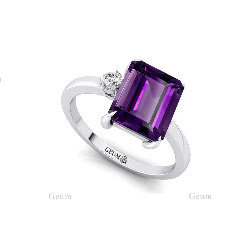 Natural Purple Amethyst Gemstone 14K Real Solid Gold Solitaire Ring for Women Unique Design with IGI Certified Diamond Jewelry