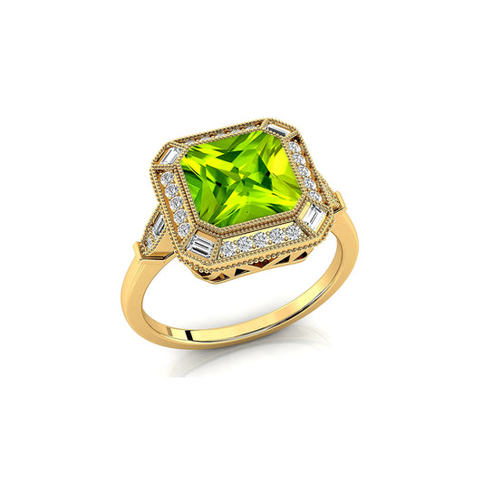 Natural Peridot Gemstone Halo Solitaire Rings 18k Solid Gold Natural White Diamonds Rhodium Plated Halo Solitaire Ring For Her